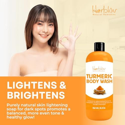 Herblov Turmeric Body Wash – Skin Brightening Liquid Soap for Discoloration, Anti-Aging, Acne & Sun Damage – 16.9 oz