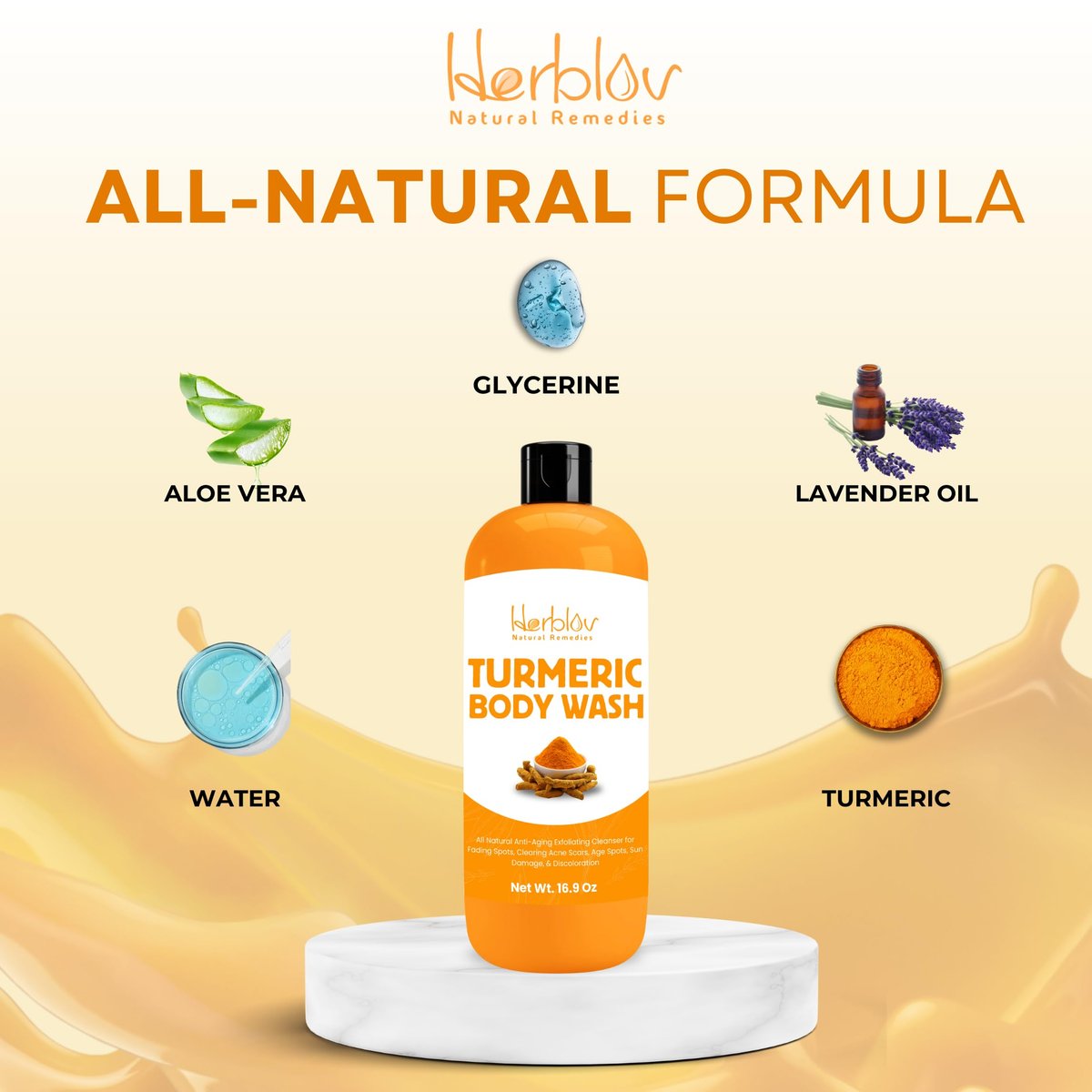 Herblov Turmeric Body Wash – Skin Brightening Liquid Soap for Discoloration, Anti-Aging, Acne & Sun Damage – 16.9 oz - görsel 11