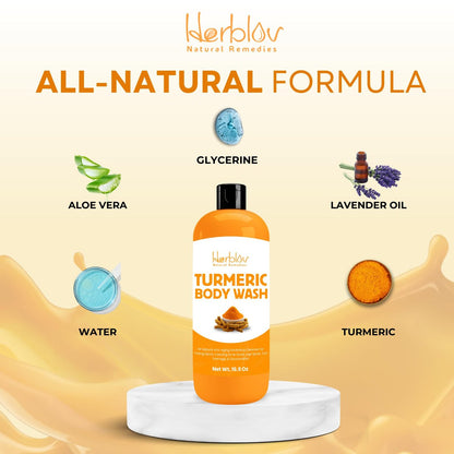 Herblov Turmeric Body Wash – Skin Brightening Liquid Soap for Discoloration, Anti-Aging, Acne & Sun Damage – 16.9 oz