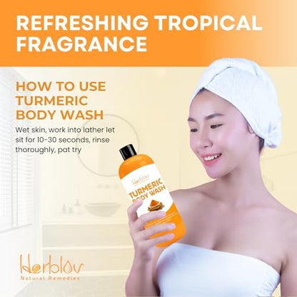 Herblov Turmeric Body Wash – Skin Brightening Liquid Soap for Discoloration, Anti-Aging, Acne & Sun Damage – 16.9 oz