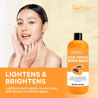 Herblov Kojic Acid Soap for Hyperpigmentation – Skin Brightening Kojic Papaya Body Wash – Dark Spot Soap Reduces Acne, Scars, and Evens Skin Tone – Turmeric Body Wash for Brighter Glowing Face, 16.9 Oz