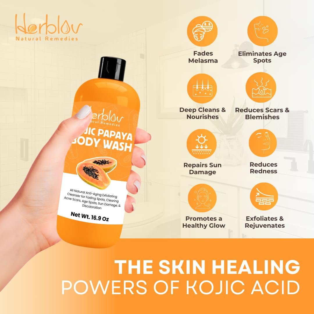 Herblov Kojic Acid Soap for Hyperpigmentation – Skin Brightening Kojic Papaya Body Wash – Dark Spot Soap Reduces Acne, Scars, and Evens Skin Tone – Turmeric Body Wash for Brighter Glowing Face, 16.9 Oz - görsel 5