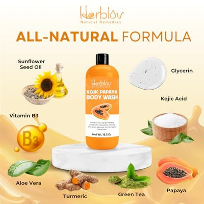 Herblov Kojic Acid Soap for Hyperpigmentation – Skin Brightening Kojic Papaya Body Wash – Dark Spot Soap Reduces Acne, Scars, and Evens Skin Tone – Turmeric Body Wash for Brighter Glowing Face, 16.9 Oz
