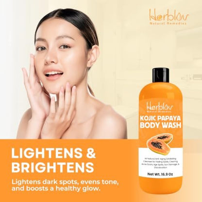 Herblov Kojic Acid Soap for Hyperpigmentation – Skin Brightening Kojic Papaya Body Wash – Dark Spot Soap Reduces Acne, Scars, and Evens Skin Tone – Turmeric Body Wash for Brighter Glowing Face, 16.9 Oz