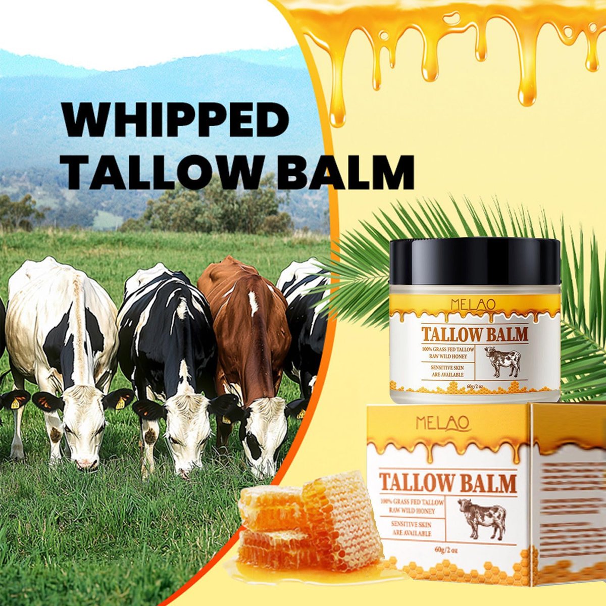 Whipped Beef Tallow and Honey Balm - Grass Fed Grass Finished Face Cream for All Skin Types, All-Natural Moisturizer for Face & Body, 2 OZ - görsel 3