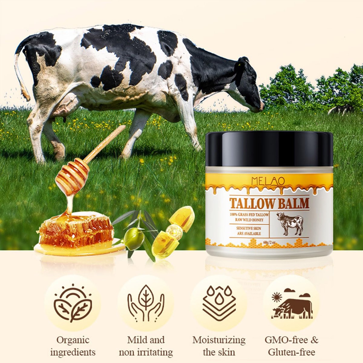 Whipped Beef Tallow and Honey Balm - Grass Fed Grass Finished Face Cream for All Skin Types, All-Natural Moisturizer for Face & Body, 2 OZ - görsel 5