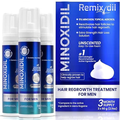 Remixidil Men's 5% Minoxidil Foam – Clinically Proven Hair Regrowth Treatment, 3-Month Supply, No Scalp Irritation Avelisse