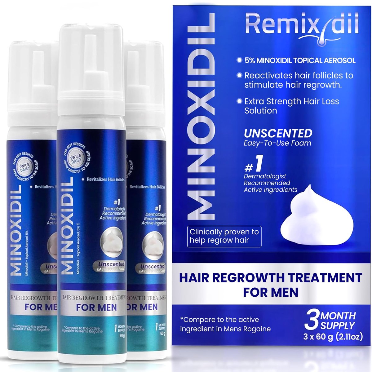 Remixidil Men's 5% Minoxidil Foam – Clinically Proven Hair Regrowth Treatment, 3-Month Supply, No Scalp Irritation Avelisse