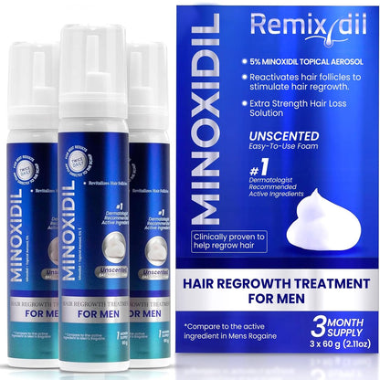 Remixidil Men's 5% Minoxidil Foam – Clinically Proven Hair Regrowth Treatment, 3-Month Supply, No Scalp Irritation Avelisse