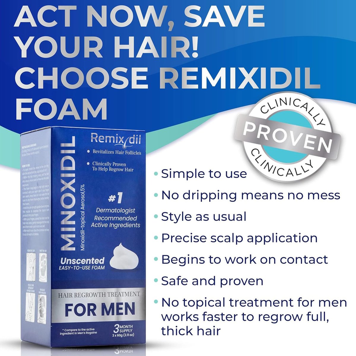 Remixidil Men's 5% Minoxidil Foam – Clinically Proven Hair Regrowth Treatment, 3-Month Supply, No Scalp Irritation Avelisse