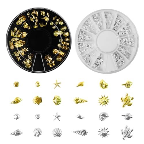 2 Disc Ocean Nail Charms - 12 Styles Silver & Gold - Beach Starfish, Sea Seashell - 3D Nail Gems Jewelry for DIY Nail Art - görsel 2