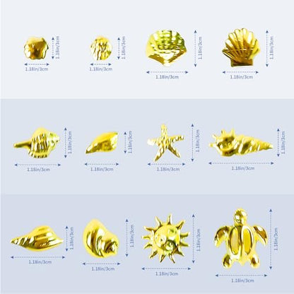 2 Disc Ocean Nail Charms - 12 Styles Silver & Gold - Beach Starfish, Sea Seashell - 3D Nail Gems Jewelry for DIY Nail Art