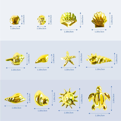 2 Disc Ocean Nail Charms - 12 Styles Silver & Gold - Beach Starfish, Sea Seashell - 3D Nail Gems Jewelry for DIY Nail Art