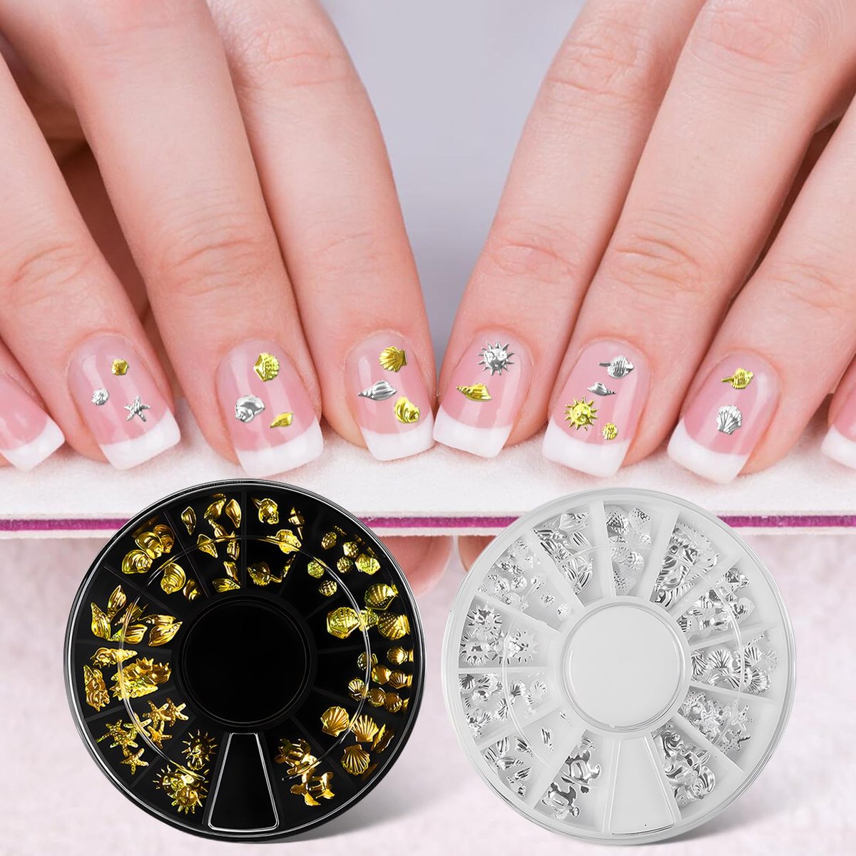 2 Disc Ocean Nail Charms - 12 Styles Silver & Gold - Beach Starfish, Sea Seashell - 3D Nail Gems Jewelry for DIY Nail Art - görsel 5
