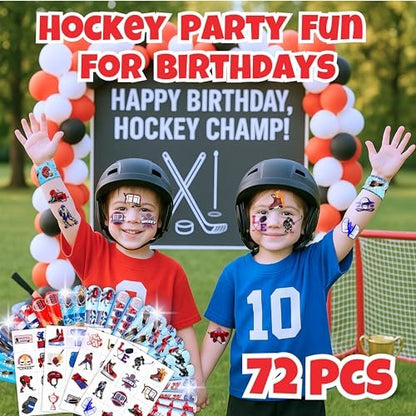 72-Piece Ice Hockey Party Favors Set: Temporary Tattoos (48) & Slap Bracelets (24) for Kids Birthday, Classroom Rewards, Baby Shower Gifts