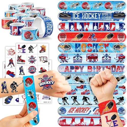 72-Piece Ice Hockey Party Favors Set: Temporary Tattoos (48) & Slap Bracelets (24) for Kids Birthday, Classroom Rewards, Baby Shower Gifts - görsel 2