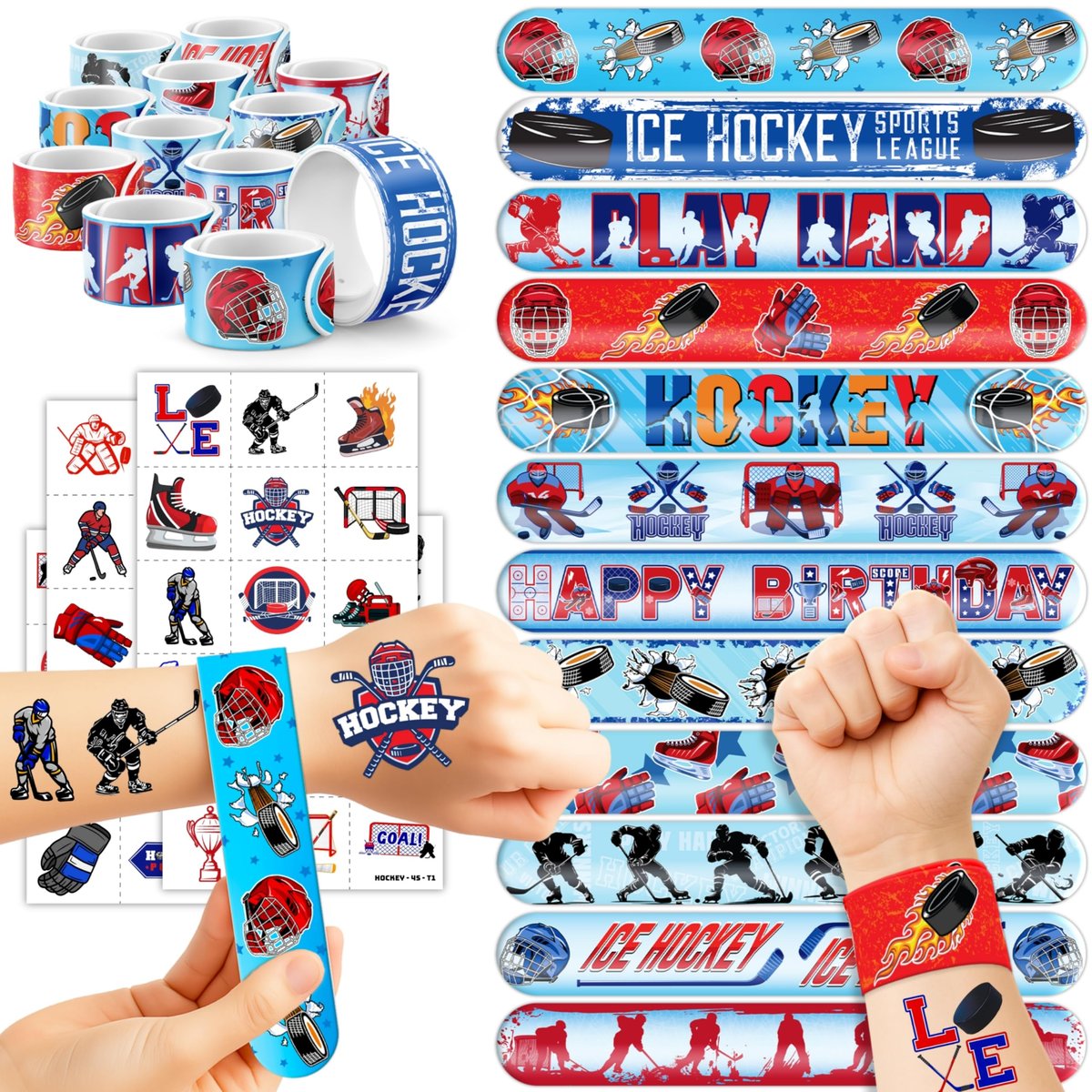 72-Piece Ice Hockey Party Favors Set: Temporary Tattoos (48) & Slap Bracelets (24) for Kids Birthday, Classroom Rewards, Baby Shower Gifts - görsel 1