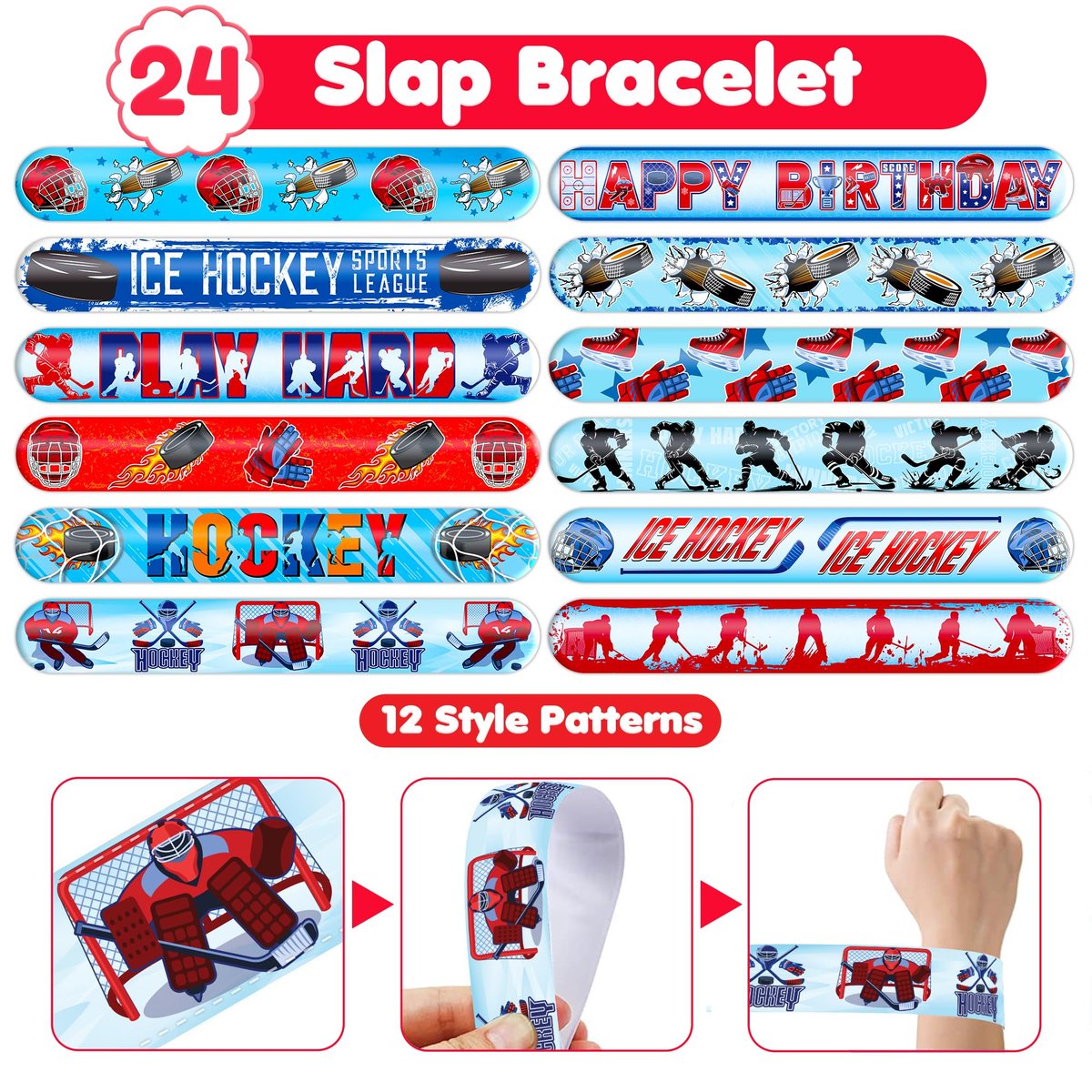 72-Piece Ice Hockey Party Favors Set: Temporary Tattoos (48) & Slap Bracelets (24) for Kids Birthday, Classroom Rewards, Baby Shower Gifts - görsel 13