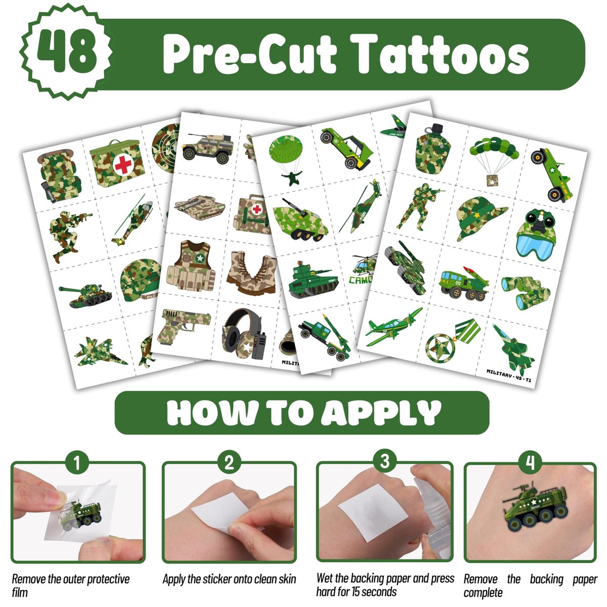 Cherisnowy 72-Piece Military Party Favors Set: Temporary Tattoos & Slap Bracelets for Kids Avelisse