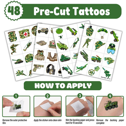 Cherisnowy 72-Piece Military Party Favors Set: Temporary Tattoos & Slap Bracelets for Kids Avelisse
