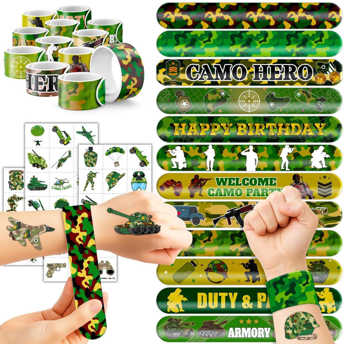 Cherisnowy 72-Piece Military Party Favors Set: Temporary Tattoos & Slap Bracelets for Kids Avelisse