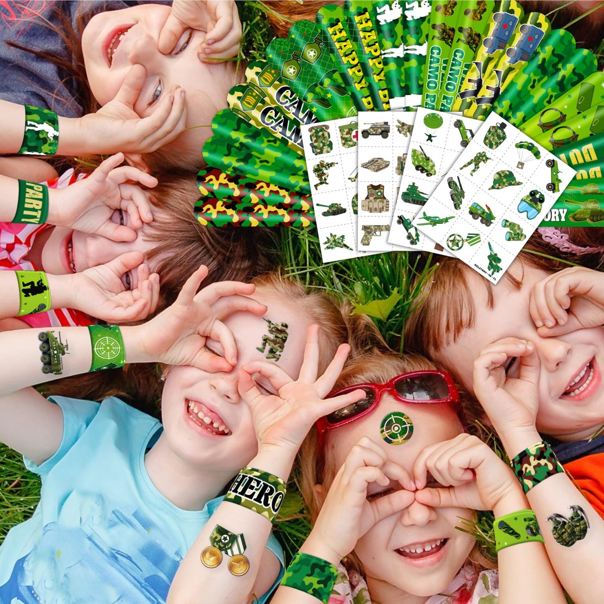 Cherisnowy 72-Piece Military Party Favors Set: Temporary Tattoos & Slap Bracelets for Kids Avelisse