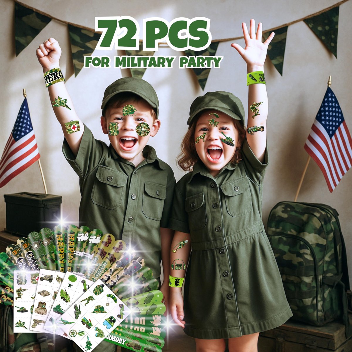 Cherisnowy 72-Piece Military Party Favors Set: Temporary Tattoos & Slap Bracelets for Kids Avelisse