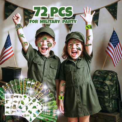 Cherisnowy 72-Piece Military Party Favors Set: Temporary Tattoos & Slap Bracelets for Kids Avelisse
