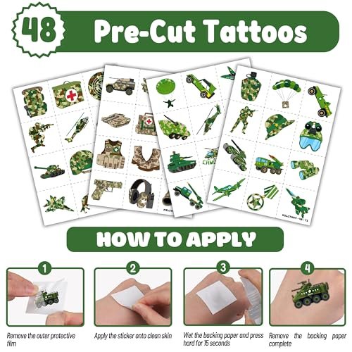 Cherisnowy 72-Piece Military Party Favors Set: Temporary Tattoos & Slap Bracelets for Kids Avelisse