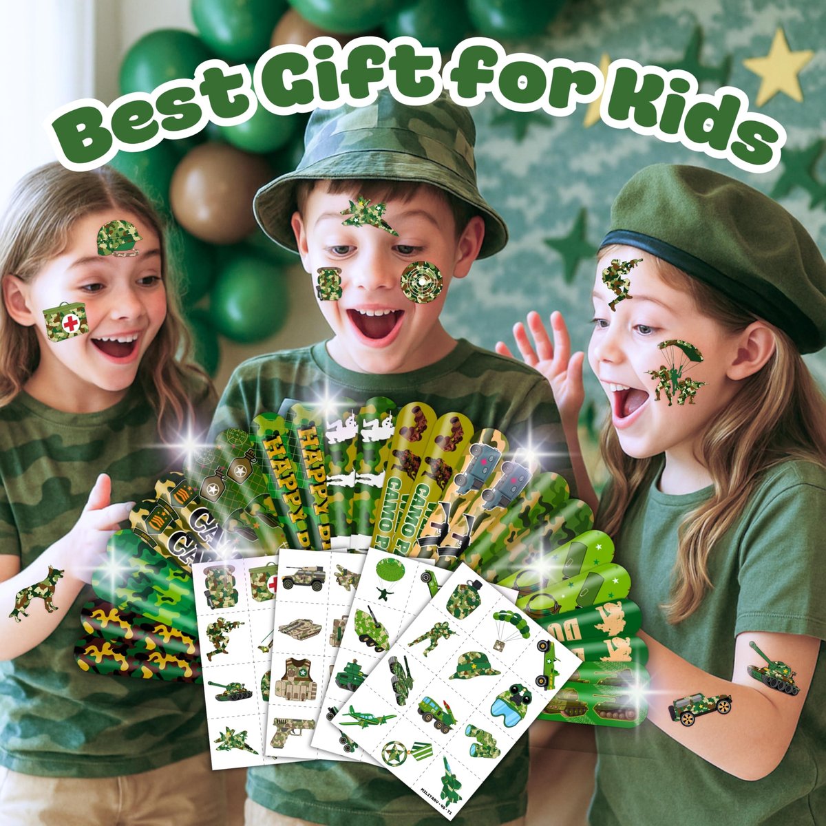 Cherisnowy 72-Piece Military Party Favors Set: Temporary Tattoos & Slap Bracelets for Kids Avelisse