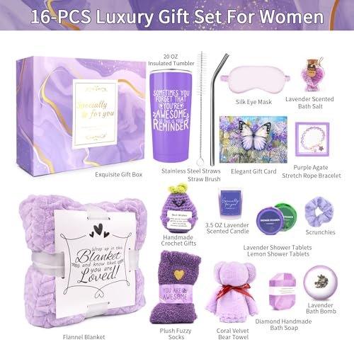 Lavender Spa Gifts for Women – 16 Piece Self Care Basket with Blanket, Valentines Day Birthday Get Well Sympathy Care Package for Her Avelisse