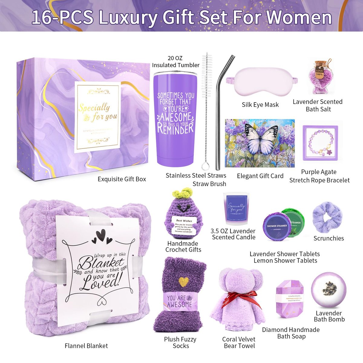 Lavender Spa Gifts for Women – 16 Piece Self Care Basket with Blanket, Valentines Day Birthday Get Well Sympathy Care Package for Her Avelisse