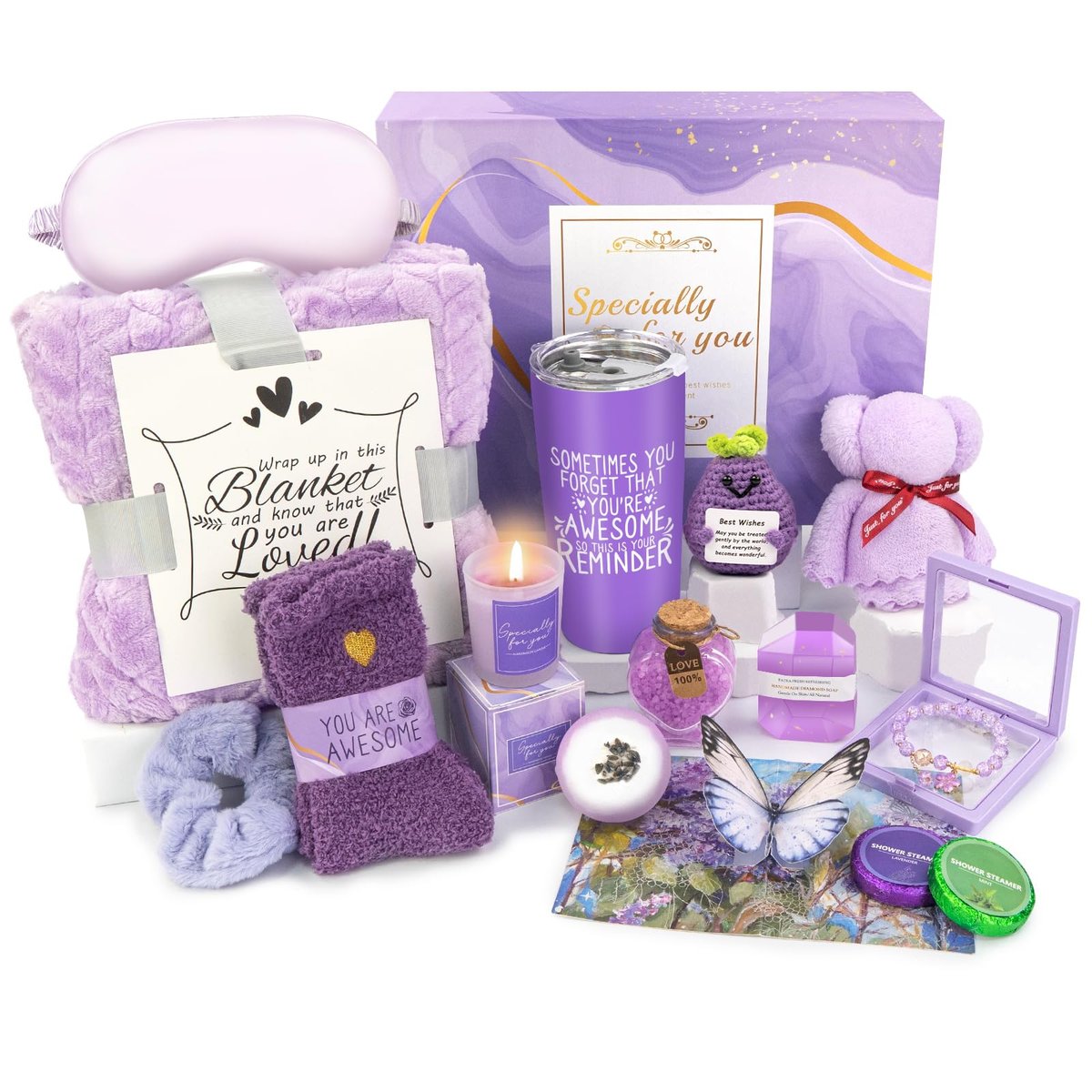 Lavender Spa Gifts for Women – 16 Piece Self Care Basket with Blanket, Valentines Day Birthday Get Well Sympathy Care Package for Her Avelisse