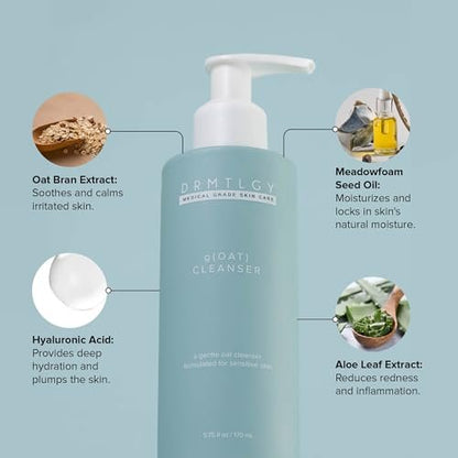 DRMTLGY gOAT Cleanser - Lightweight Moisturizing Face Wash for Sensitive Skin with Oat, Hyaluronic Acid & Aloe Extract, Fragrance Free Gentle Facial Cleansing Milk, 5.75 oz