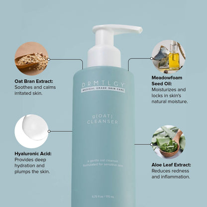 DRMTLGY gOAT Cleanser - Lightweight Moisturizing Face Wash for Sensitive Skin with Oat, Hyaluronic Acid & Aloe Extract, Fragrance Free Gentle Facial Cleansing Milk, 5.75 oz