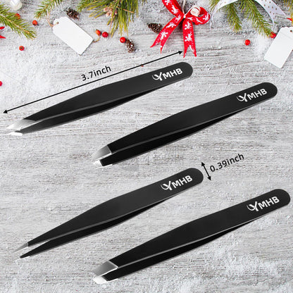 4-Piece Stainless Steel Tweezers Set – Precision Eyebrow Tweezers for Facial Hair, Splinter & Ingrown Hair Removal – Gifts for Women, Men, Adults