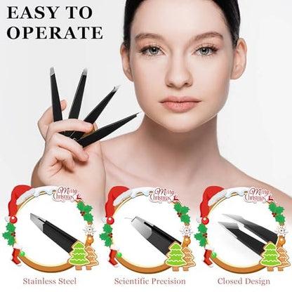 4-Piece Stainless Steel Tweezers Set – Precision Eyebrow Tweezers for Facial Hair, Splinter & Ingrown Hair Removal – Gifts for Women, Men, Adults