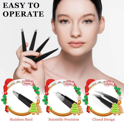 4-Piece Stainless Steel Tweezers Set – Precision Eyebrow Tweezers for Facial Hair, Splinter & Ingrown Hair Removal – Gifts for Women, Men, Adults