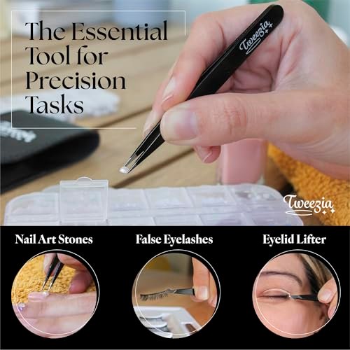 TWEEZIA Stainless Steel Tweezer Set - 4 Precision Tweezers with Mirror & Leather Case - Eyebrow Kit, Ingrown Hair & Splinter Removal - görsel 16