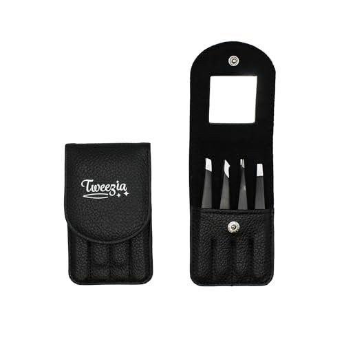 TWEEZIA Stainless Steel Tweezer Set - 4 Precision Tweezers with Mirror & Leather Case - Eyebrow Kit, Ingrown Hair & Splinter Removal - görsel 2