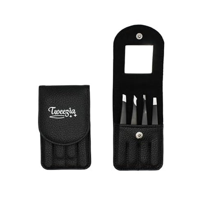 TWEEZIA Stainless Steel Tweezer Set - 4 Precision Tweezers with Mirror & Leather Case - Eyebrow Kit, Ingrown Hair & Splinter Removal