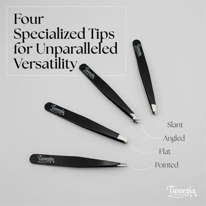 TWEEZIA Stainless Steel Tweezer Set - 4 Precision Tweezers with Mirror & Leather Case - Eyebrow Kit, Ingrown Hair & Splinter Removal