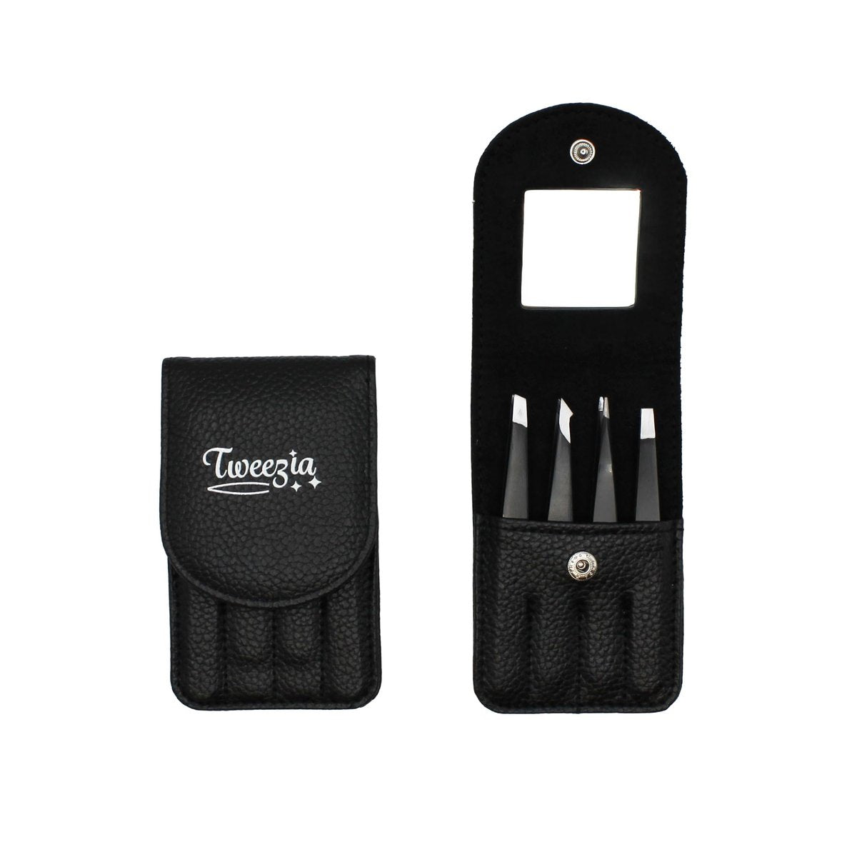 TWEEZIA Stainless Steel Tweezer Set - 4 Precision Tweezers with Mirror & Leather Case - Eyebrow Kit, Ingrown Hair & Splinter Removal - görsel 1