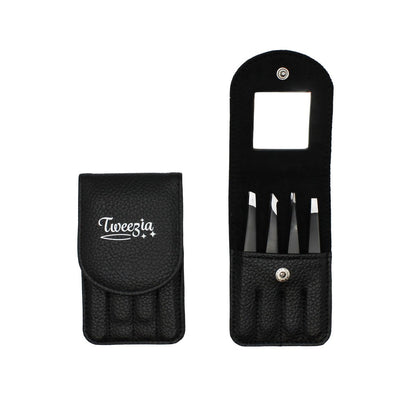 TWEEZIA Stainless Steel Tweezer Set - 4 Precision Tweezers with Mirror & Leather Case - Eyebrow Kit, Ingrown Hair & Splinter Removal