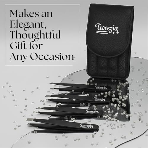TWEEZIA Stainless Steel Tweezer Set - 4 Precision Tweezers with Mirror & Leather Case - Eyebrow Kit, Ingrown Hair & Splinter Removal - görsel 14