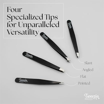 TWEEZIA Stainless Steel Tweezer Set - 4 Precision Tweezers with Mirror & Leather Case - Eyebrow Kit, Ingrown Hair & Splinter Removal
