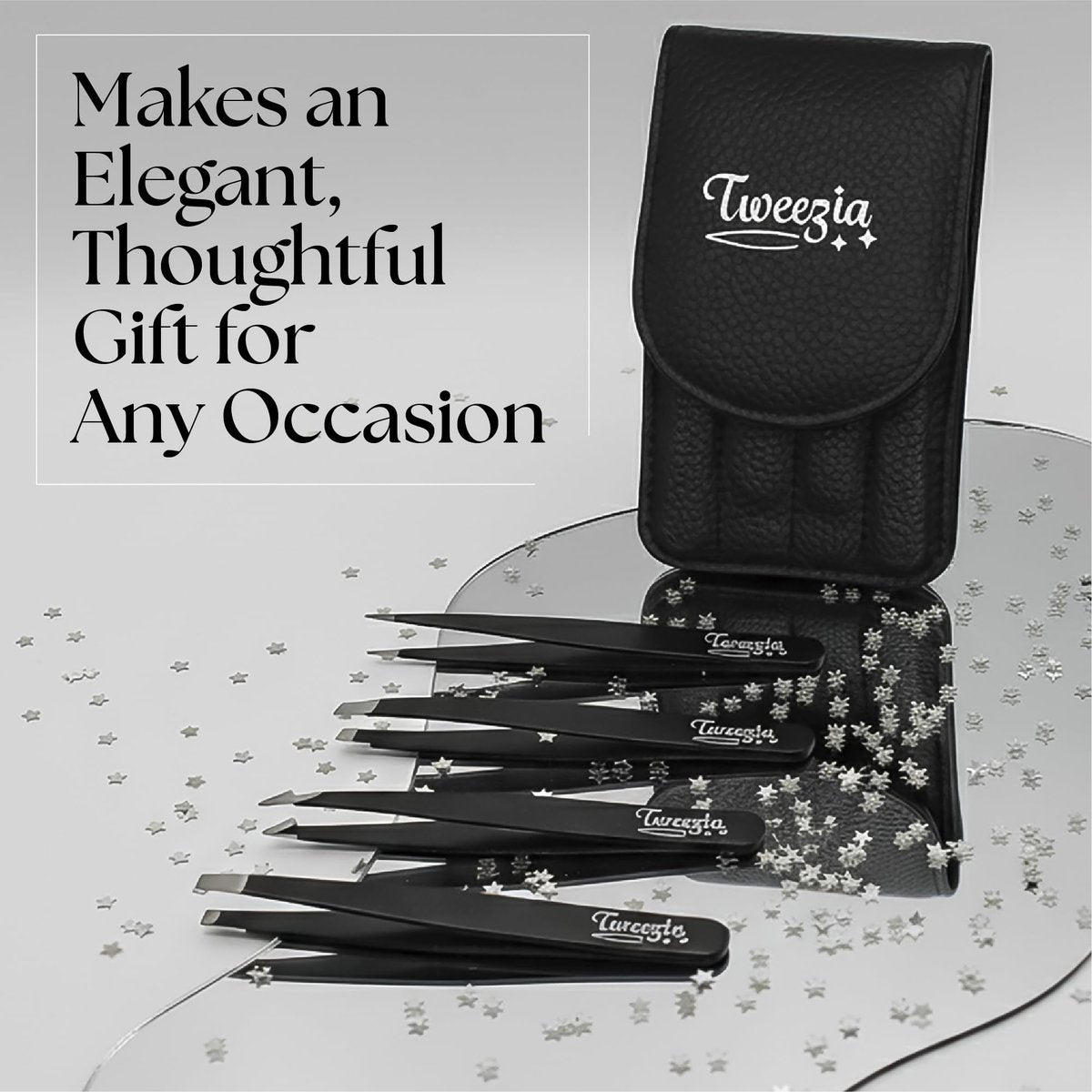 TWEEZIA Stainless Steel Tweezer Set - 4 Precision Tweezers with Mirror & Leather Case - Eyebrow Kit, Ingrown Hair & Splinter Removal - görsel 13