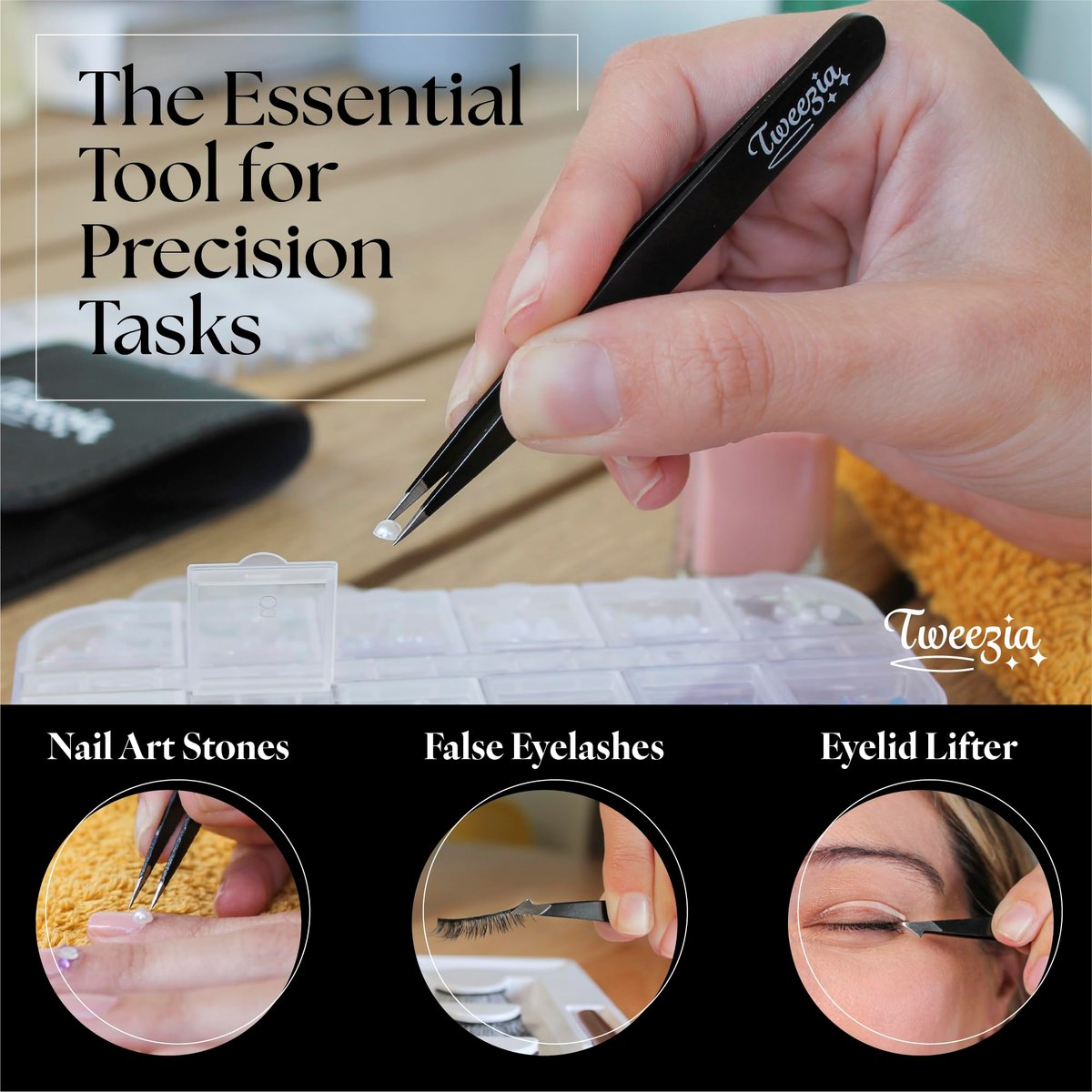 TWEEZIA Stainless Steel Tweezer Set - 4 Precision Tweezers with Mirror & Leather Case - Eyebrow Kit, Ingrown Hair & Splinter Removal - görsel 15