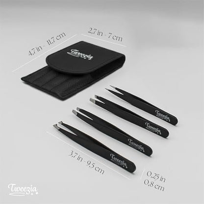 TWEEZIA Stainless Steel Tweezer Set - 4 Precision Tweezers with Mirror & Leather Case - Eyebrow Kit, Ingrown Hair & Splinter Removal