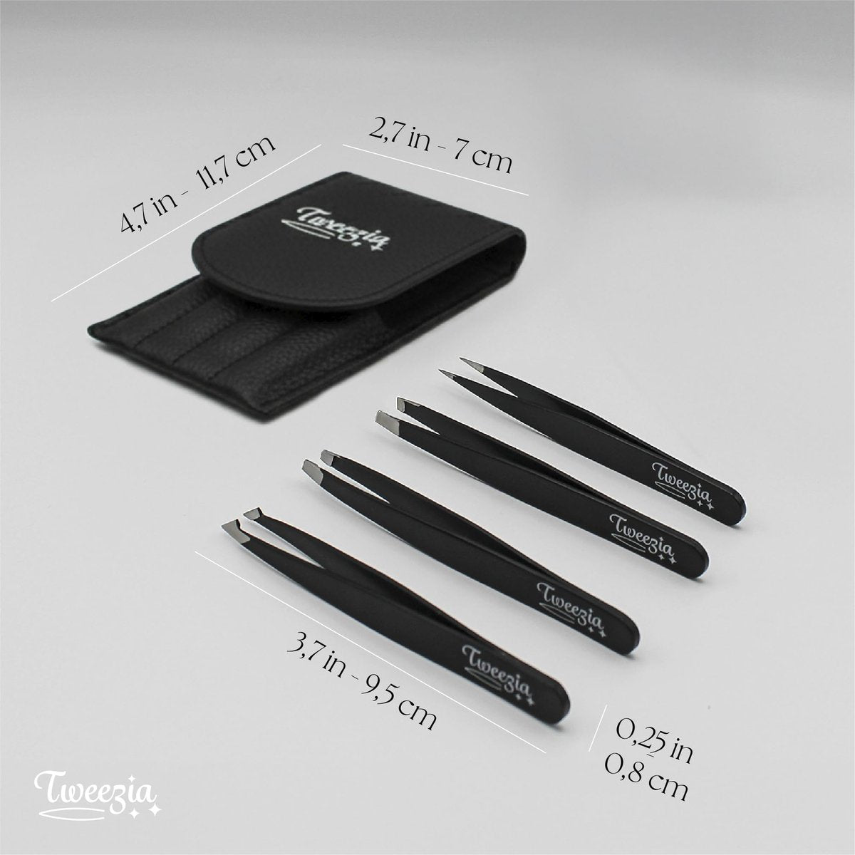 TWEEZIA Stainless Steel Tweezer Set - 4 Precision Tweezers with Mirror & Leather Case - Eyebrow Kit, Ingrown Hair & Splinter Removal - görsel 5